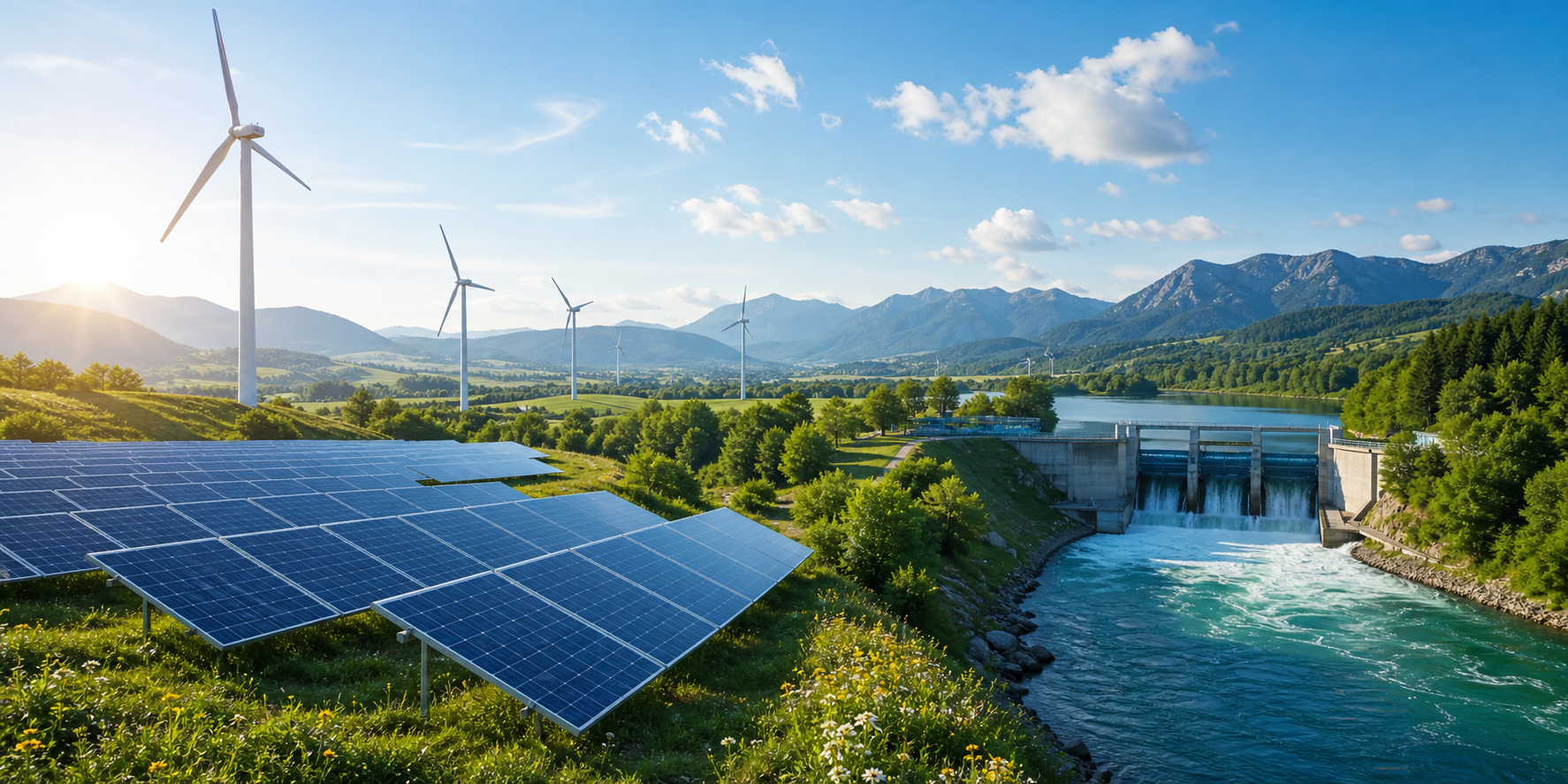 Solarenergie, Windkraft und Wasserkraft als erneuerbare Stromquellen